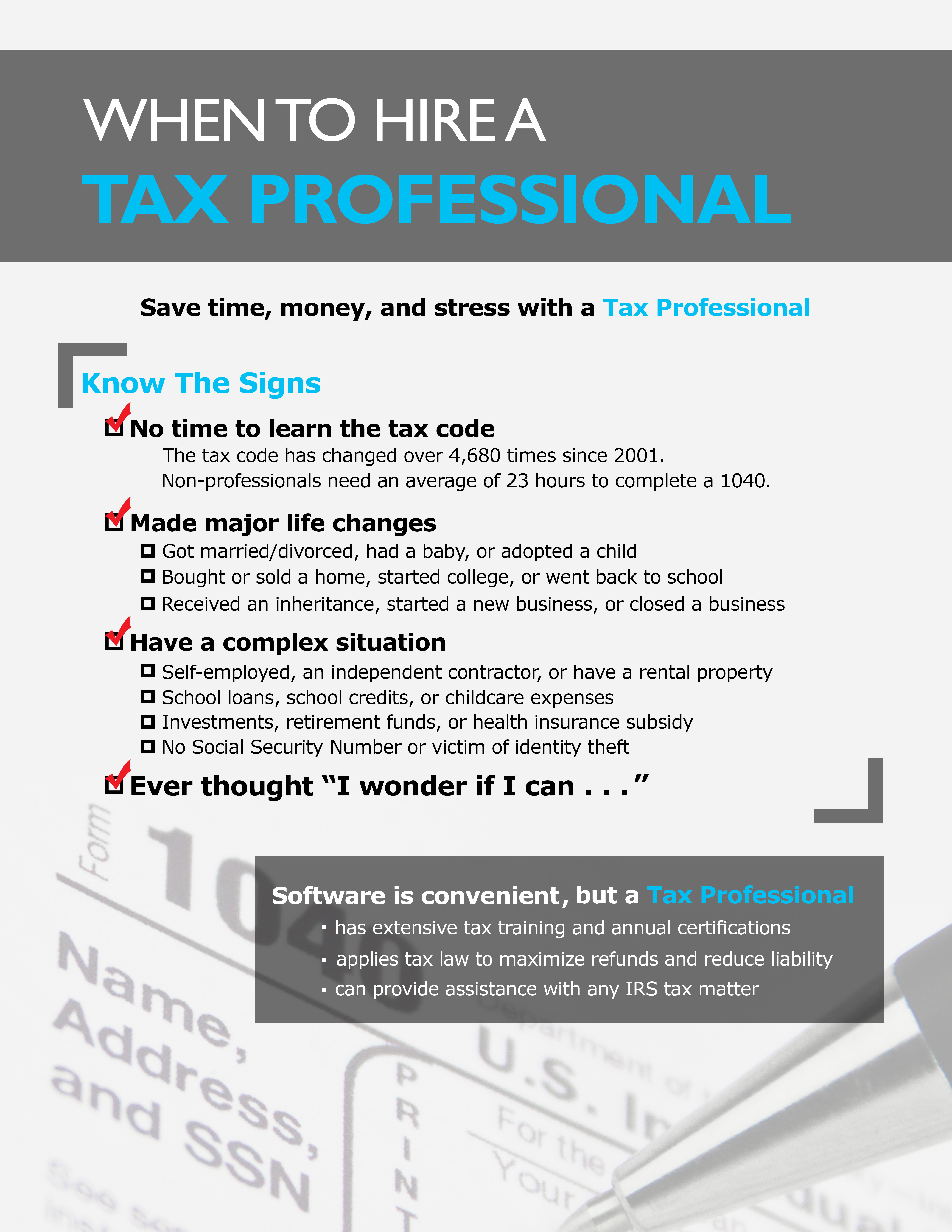 A poster to help you decide if you should hire a tax profesional